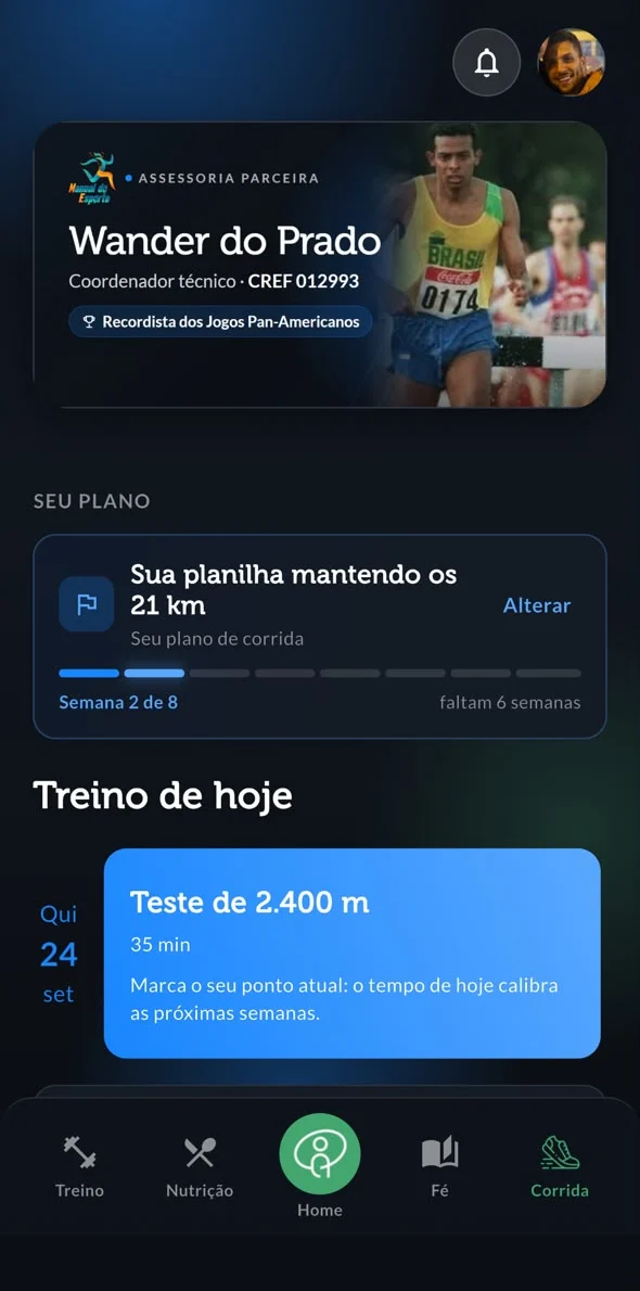 Tela de Corrida do app: card do Wander do Prado e o treino do dia, Teste de 2.400 m