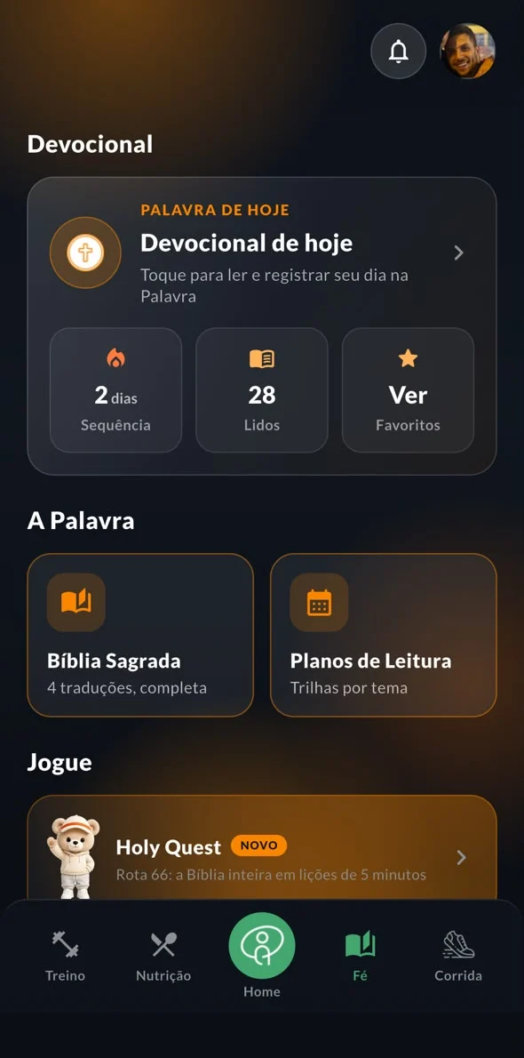 Tela de Fé do app: devocional de hoje, Bíblia Sagrada e planos de leitura