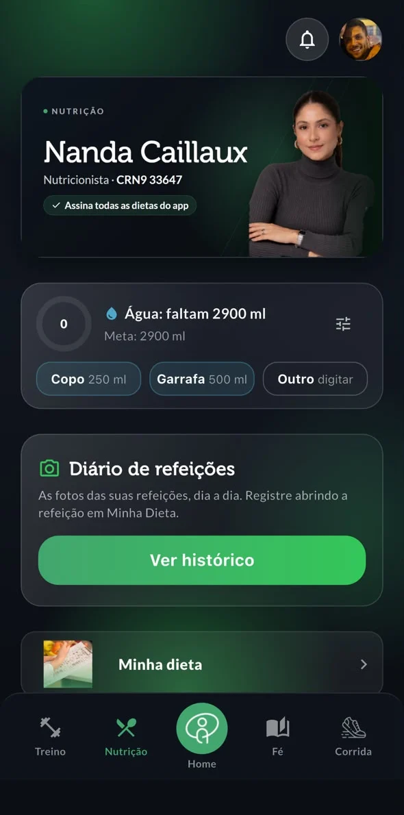 Tela de Nutrição do app: Nanda Caillaux, meta de água e diário de refeições