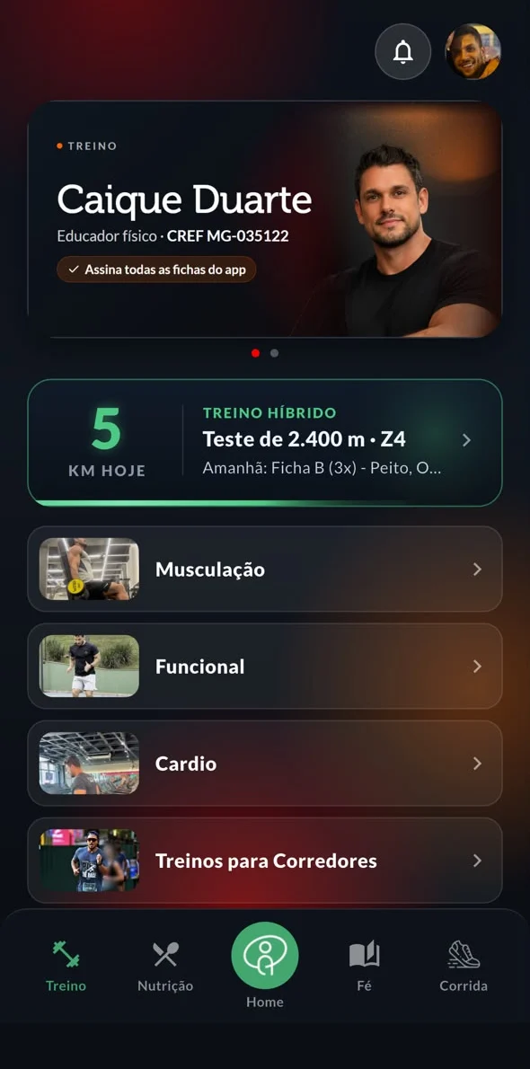 Tela de Treino do app: Caique Duarte, treino híbrido e categorias de treino